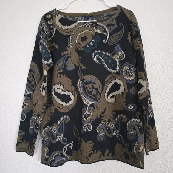 Lafayette 148 NY Bateau Neck Merino Paisley Jacquard Sweater Medium - Picture 2 of 8